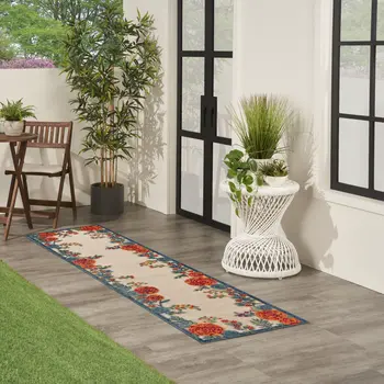 6' Ivory Blue And Orange Floral Indoor Outdoor Runner Rug