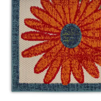 6' Ivory Blue And Orange Floral Indoor Outdoor Runner Rug