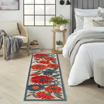 6' Ivory Blue And Orange Floral Indoor Outdoor Runner Rug