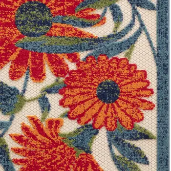 6' Ivory Blue And Orange Floral Indoor Outdoor Runner Rug
