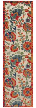 6' Ivory Blue And Orange Floral Indoor Outdoor Runner Rug