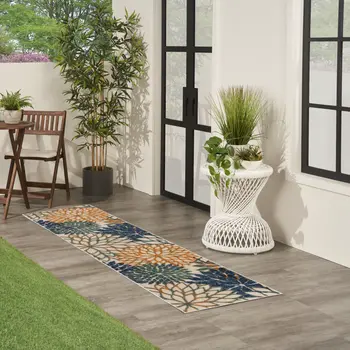 8' Ivory Blue Green And Yellow Floral Indoor Outdoor Runner Rug