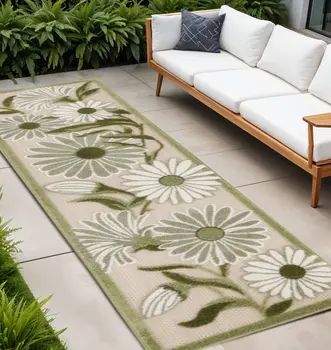 8' Ivory And Green Floral Indoor Outdoor Runner Rug