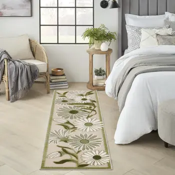 8' Ivory And Green Floral Indoor Outdoor Runner Rug