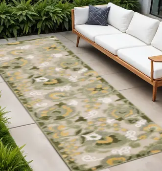 8' Ivory Dark Green And Yellow Floral Indoor Outdoor Runner Rug