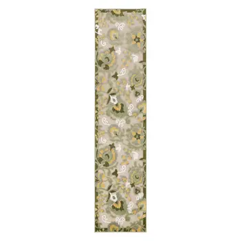 8' Ivory Dark Green And Yellow Floral Indoor Outdoor Runner Rug