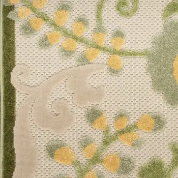 8' Ivory Dark Green And Yellow Floral Indoor Outdoor Runner Rug