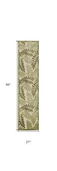 8' Ivory And Green Palm Leaf Indoor Outdoor Runner Rug