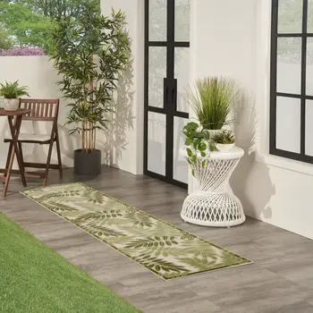 8' Ivory And Green Palm Leaf Indoor Outdoor Runner Rug
