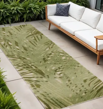 8' Ivory And Green Palm Leaf Indoor Outdoor Runner Rug