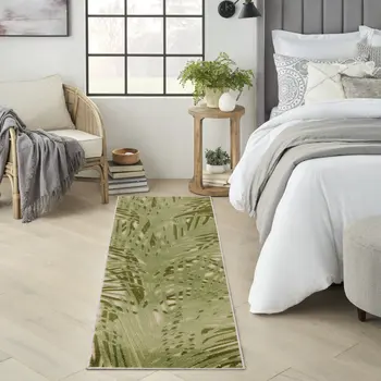 8' Ivory And Green Palm Leaf Indoor Outdoor Runner Rug
