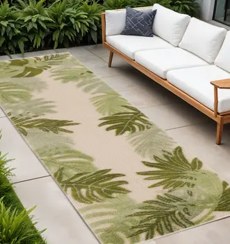 8' Ivory And Green Palm Leaf Indoor Outdoor Runner Rug
