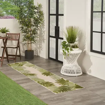 8' Ivory And Green Palm Leaf Indoor Outdoor Runner Rug
