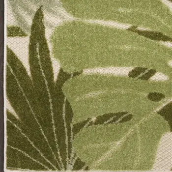 8' Ivory And Green Palm Leaf Indoor Outdoor Runner Rug