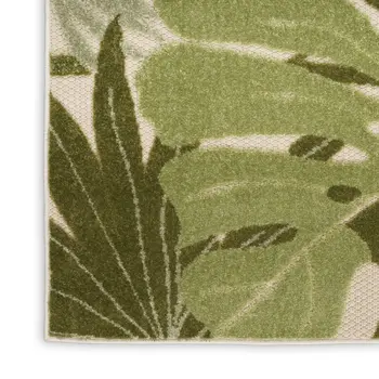 8' Ivory And Green Palm Leaf Indoor Outdoor Runner Rug