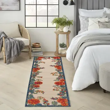 8' Ivory Orange And Blue Floral Indoor Outdoor Runner Rug