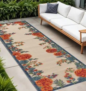 8' Ivory Orange Blue And Green Floral Indoor Outdoor Runner Rug