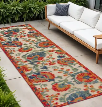 8' Ivory Orange Blue And Green Floral Indoor Outdoor Runner Rug