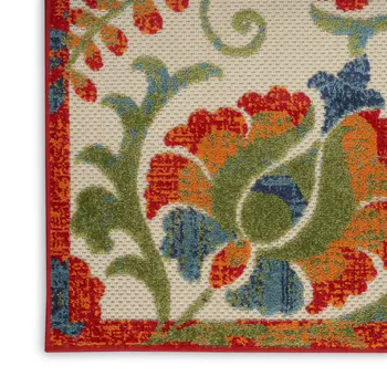 8' Ivory Orange Blue And Green Floral Indoor Outdoor Runner Rug
