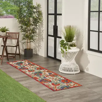 8' Ivory Orange Blue And Green Floral Indoor Outdoor Runner Rug