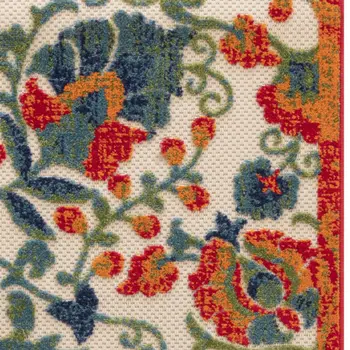 8' Ivory Orange Blue And Green Floral Indoor Outdoor Runner Rug