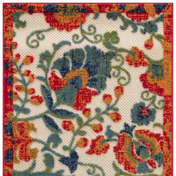 8' Ivory Orange Blue And Green Floral Indoor Outdoor Runner Rug