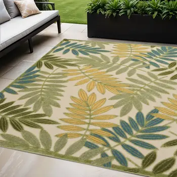 5' X 8' Green Yellow And Blue Palm Leaf Indoor Outdoor Area Rug
