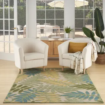 5' X 8' Green Yellow And Blue Palm Leaf Indoor Outdoor Area Rug