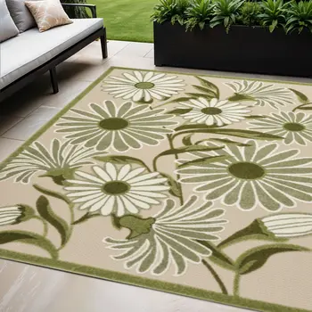 5' X 8' Ivory And Green Floral Indoor Outdoor Area Rug