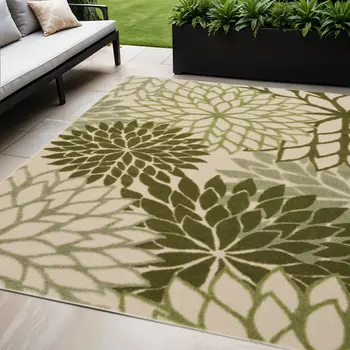 5' X 8' Ivory And Green Floral Indoor Outdoor Area Rug