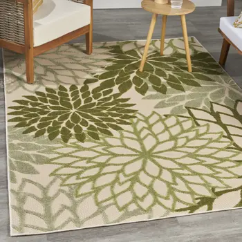 5' X 8' Ivory And Green Floral Indoor Outdoor Area Rug