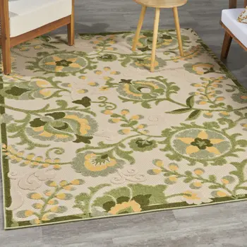 5' X 8' Ivory Green And Yellow Floral Indoor Outdoor Area Rug