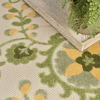 5' X 8' Ivory Green And Yellow Floral Indoor Outdoor Area Rug
