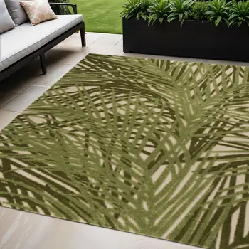 5' X 8' Ivory And Green Palm Leaf Indoor Outdoor Area Rug