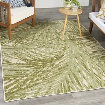 5' X 8' Ivory And Green Palm Leaf Indoor Outdoor Area Rug