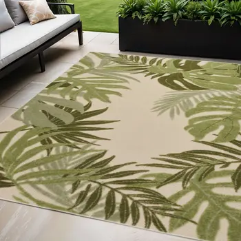 5' X 8' Ivory And Green Palm Leaf Indoor Outdoor Area Rug