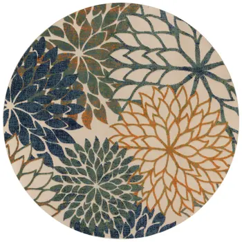 8' Blue Green And Orange Round Floral Indoor Outdoor Area Rug