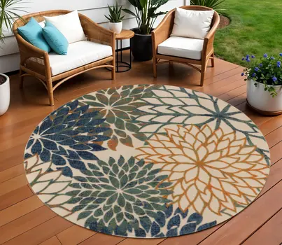 8' Blue Green And Orange Round Floral Indoor Outdoor Area Rug