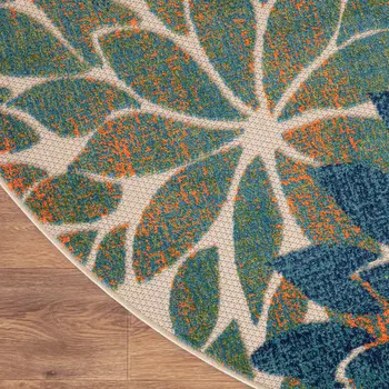8' Blue Green And Orange Round Floral Indoor Outdoor Area Rug