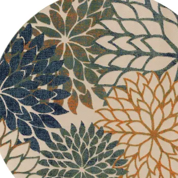 8' Blue Green And Orange Round Floral Indoor Outdoor Area Rug