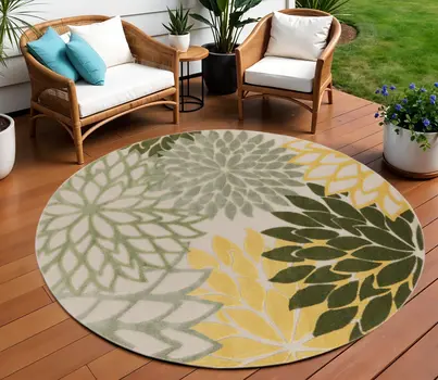 8' Ivory Green And Yellow Round Floral Indoor Outdoor Area Rug