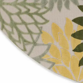 8' Ivory Green And Yellow Round Floral Indoor Outdoor Area Rug