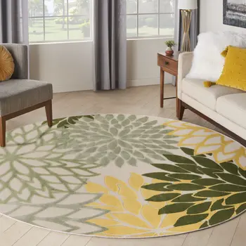 8' Ivory Green And Yellow Round Floral Indoor Outdoor Area Rug
