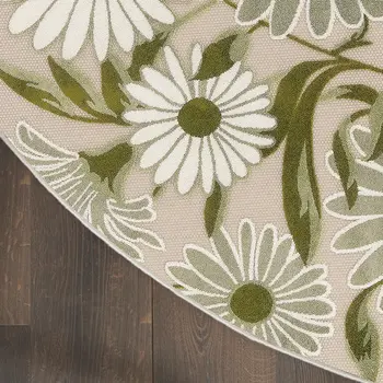 8' Ivory And Green Round Floral Indoor Outdoor Area Rug