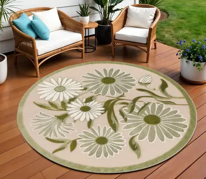 8' Ivory And Green Round Floral Indoor Outdoor Area Rug