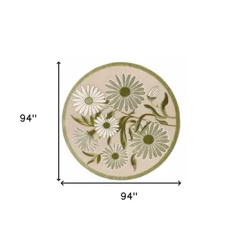 8' Ivory And Green Round Floral Indoor Outdoor Area Rug
