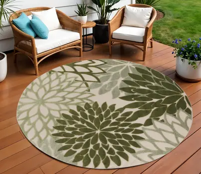 8' Ivory And Green Round Floral Indoor Outdoor Area Rug