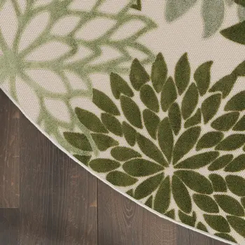 8' Ivory And Green Round Floral Indoor Outdoor Area Rug
