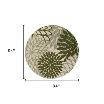 8' Ivory And Green Round Floral Indoor Outdoor Area Rug