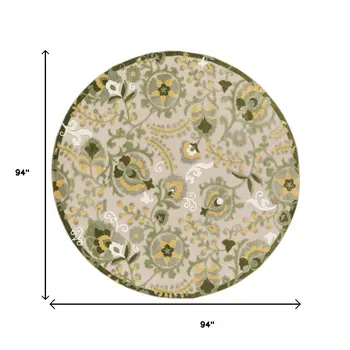 8' Ivory Green And Yellow Round Floral Indoor Outdoor Area Rug